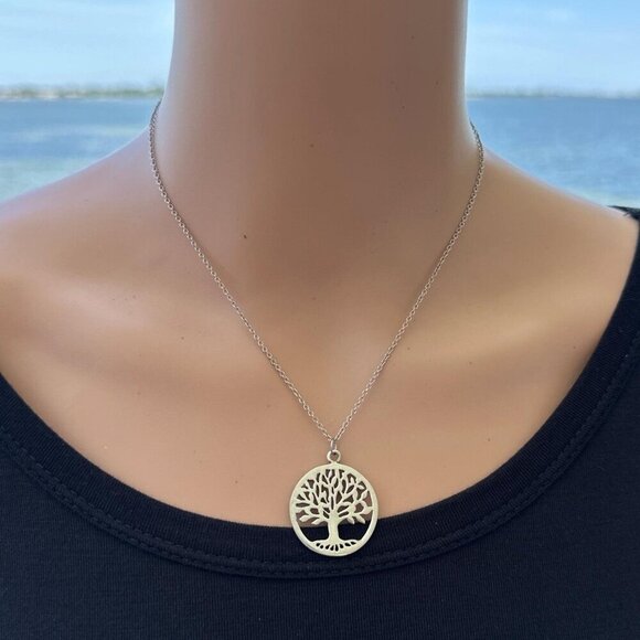 Tree Of Life Pendant Necklace Silver-Tone Stainless Steel Adjustable Chain 16.5" - Picture 2 of 4